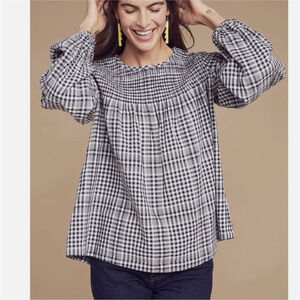 FAHERTY Marseilles Plaid smocked Blouse 100% organic cotton black white medium